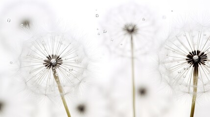 Silhouetted dandelion in macro with water droplets on white background