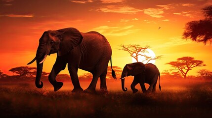 Fototapeta na wymiar Mother and baby elephants silhouettes during an African sunset