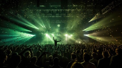 Crowded concert hall with green stage lights rock show people silhouette colorful confetti...