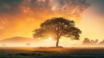 Fototapeta na wymiar Gorgeous dawn behind tall trees in spring with mist Silhouette of large tree with sun shining Savanna field in Africa during springtime Blurred background
