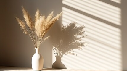 Dry pampas grass in chic vase Shadows on wall Silhouette in sunlight Minimalistic decor idea