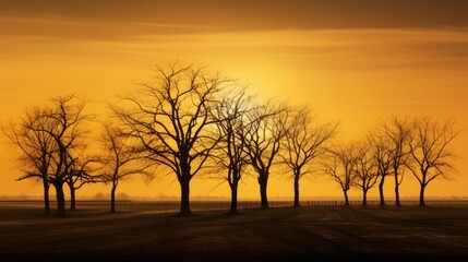 Fototapeta na wymiar Golden evening sky in the Flemish countryside with bare tree silhouettes