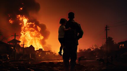 Fototapeta premium Soldier rescues boy from war torn city