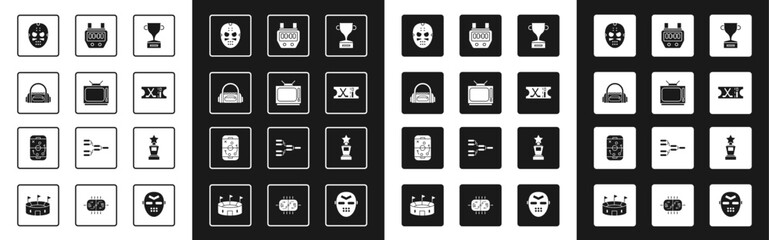 Set Award cup, Retro tv, Sport bag, Hockey mask, sports ticket, Stopwatch, and Planning strategy icon. Vector