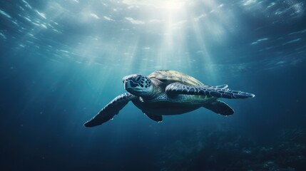 Silhouette of sea turtle gazing upwards from ocean