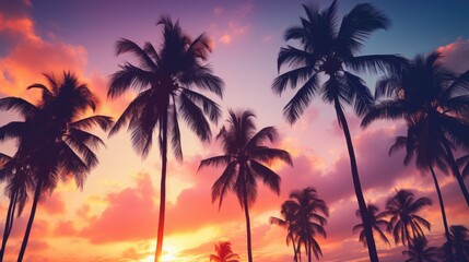 Fototapeta na wymiar Vintage tone and bokeh lights enhance the sunset vacation scene with palm trees