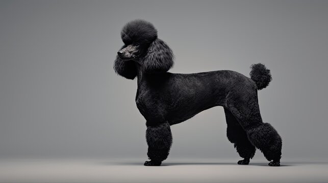 Black poodle standing in studio on gray background