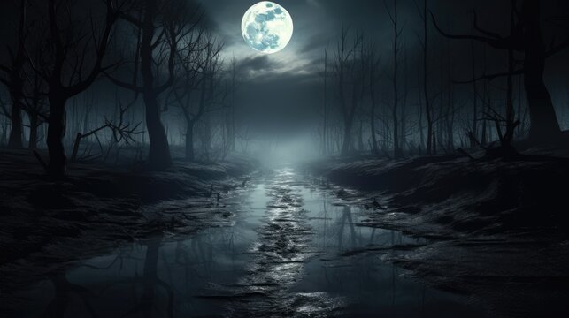 Mysterious forest with a moonlit path fog and a Halloween backdrop hint