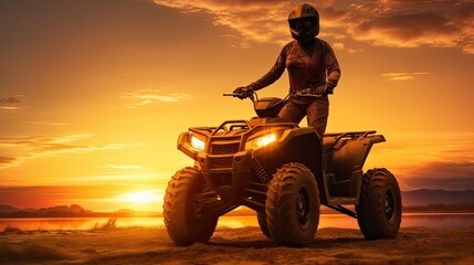Fototapeta premium Holiday exploration with quad bike silhouette during sunset