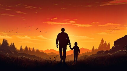 International migrants day Silhouettes of a father and son holding hands on an autumn meadow at sunset