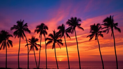 Naklejka na ściany i meble Silhouette of palm trees at tropical sunrise or sunset