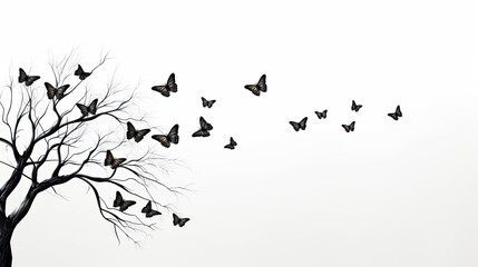 Obraz premium Butterflies and leafless tree on white background