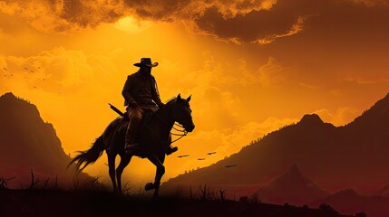 Naklejka na ściany i meble Yellow sky behind a cowboy on a mountain in silhouette