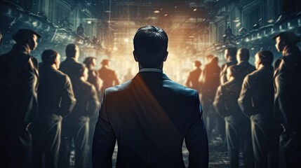 Silhouetted businessman against media backdrop