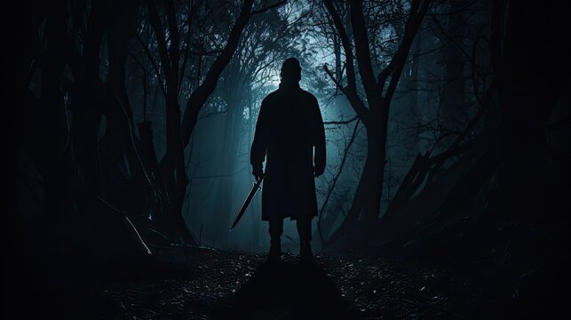 Dark forest at night with eerie silhouette and knife