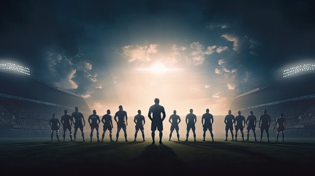 Football fans silhouettes on a rugby field