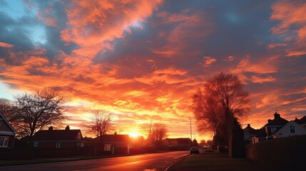 Silhouetted trees and homes in an English town at sunset with a blue and orange sky