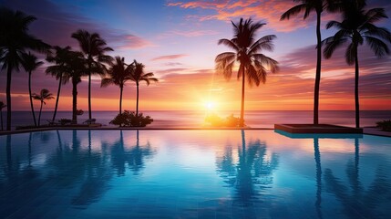 Fototapeta na wymiar Picturesque tropical beachfront resort with an infinity pool overlooking a stunning sunset surrounded by palm trees