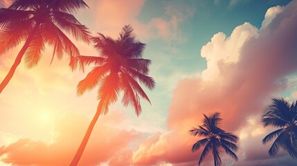 Silhouette palm tree against sunset sky with abstract background Travel adventure concept Filtered pastel tones - obrazy, fototapety, plakaty