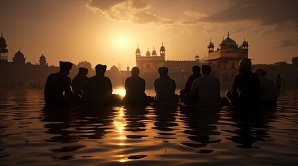 Naklejka na ściany i meble Sikh pilgrims near the holy pool at Golden Temple in Amritsar Punjab India