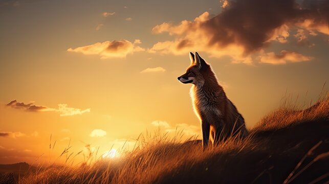 Sunrise on a hill with a fox shaped silhouette