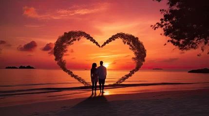 Fotobehang Strand zonsondergang Young couple on their wedding day on a tropical beach with a sunset sea backdrop creating a heart shape with their hands