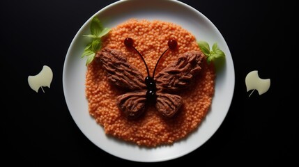 Sausage butterfly shapes served with creatively garnished millet porridge