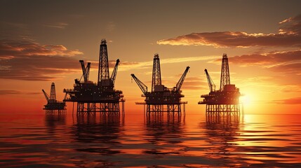 Silhouetted oil rigs in sunset backdrop