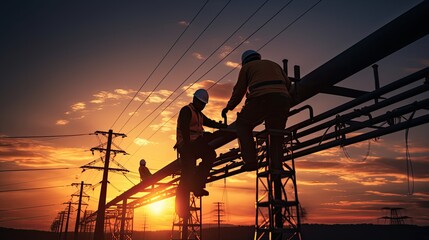 Electricians install wires and equipment on tall towers