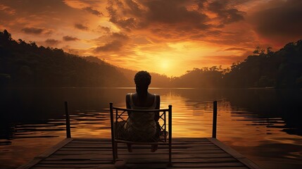 Fototapeta premium Woman sitting on dock at sunset on Lake Bunyonyi Uganda Africa in a tranquil scene