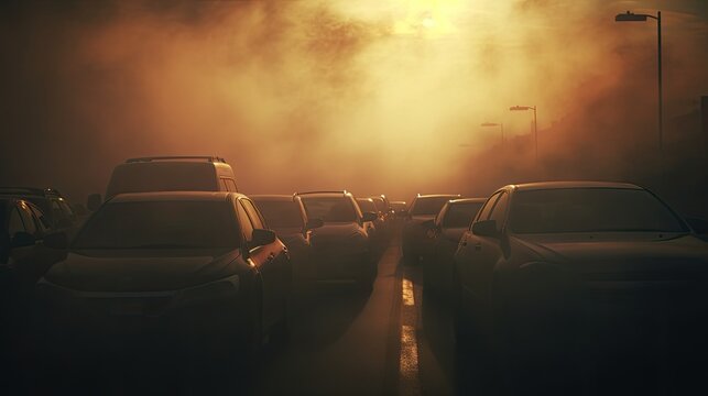 Cars in a traffic jam seen through steamy exhaust pipes