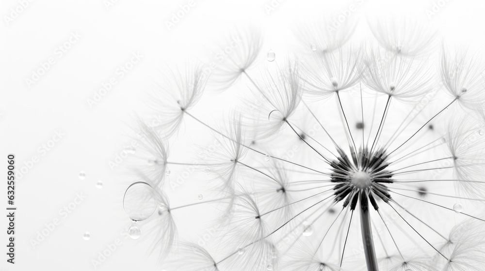 Poster silhouetted dandelion in macro with water droplets on white background