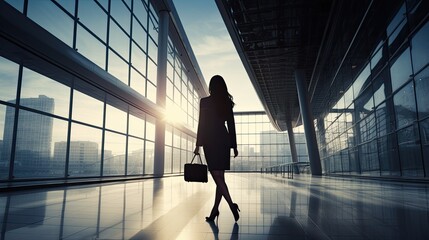 Fototapeta na wymiar Silhouetted young woman walking in a contemporary office building