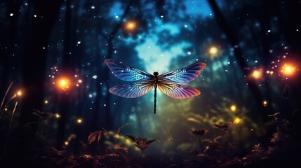 Abstract and magical depiction of dragonfly and Firefly in a nighttime forest Fairy tale idea