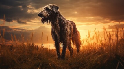 Giant dog silhouette in morning meadow with rising sunset