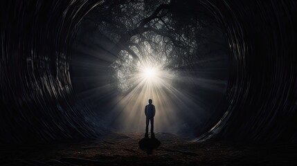 A man walking toward a bright light in nature symbolizing success and freedom - obrazy, fototapety, plakaty