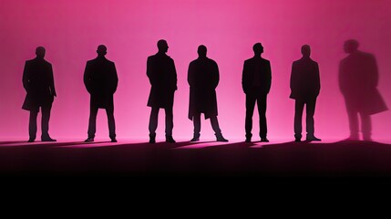 Five paper cutouts of men with one pink man among white ones placed against a black backdrop