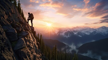 Naklejka na ściany i meble Adventure concept captured in a composite image of silhouette rappelling from a cliff at colorful sunrise or sunset showcasing stunning mountains in British Columbia Canada
