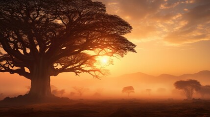 Gorgeous dawn behind tall trees in spring with mist Silhouette of large tree with sun shining Savanna field in Africa during springtime Blurred background