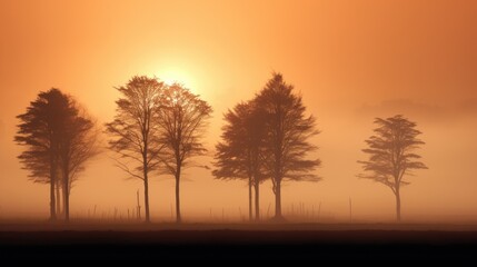 Fototapeta na wymiar Misty autumn sunset with trees