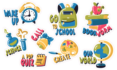 A set of school-themed stickers with inscriptions. Vector flat illustration in a hand-drawn style. Back to school with motivation. Cartoon bright children's