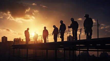 Fototapeta premium Silhouette of construction workers on building roof