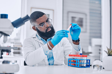 Sample analysis, research and a scientist with blood for science or pharmaceutical healthcare in a...