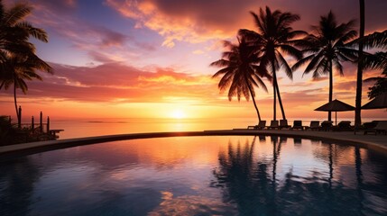 Fototapeta na wymiar Picturesque tropical beachfront resort with an infinity pool overlooking a stunning sunset surrounded by palm trees