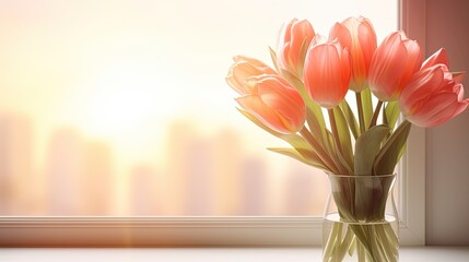 Tulip bouquet silhouette against sunrise window spring morning art Suitable for Valentine s Mother s and Women s day as well as birthdays Text and greeting card Home decor