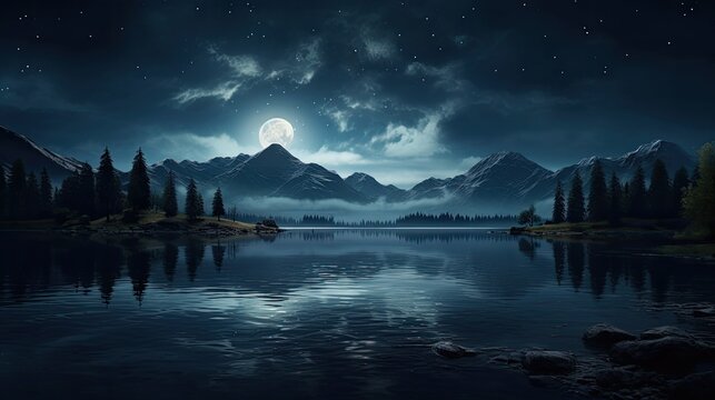 Moonlit lake at night