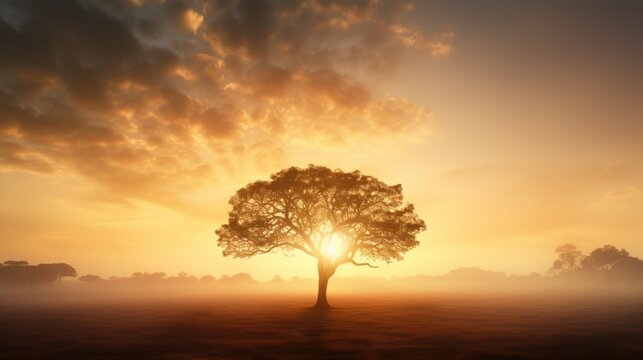 Gorgeous dawn behind tall trees in spring with mist Silhouette of large tree with sun shining Savanna field in Africa during springtime Blurred background