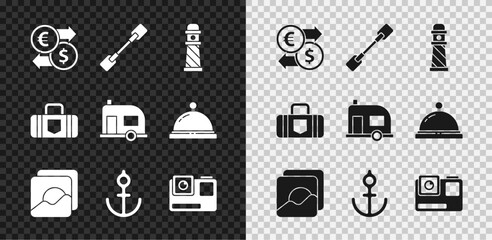 Set Money exchange, Paddle, Lighthouse, Photo, Anchor, Action extreme camera, Suitcase and Rv Camping trailer icon. Vector