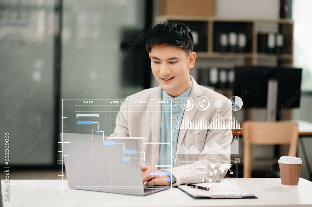 Poster businessman hand project manager working and update tasks and gantt chart scheduling virtual diagram