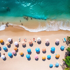 Fototapeta na wymiar Aerial View From Flying Drone Of People Crowd Relaxing On Beach
